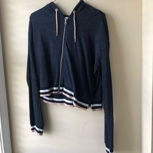 long sleeve navy jacket with pink and white detail